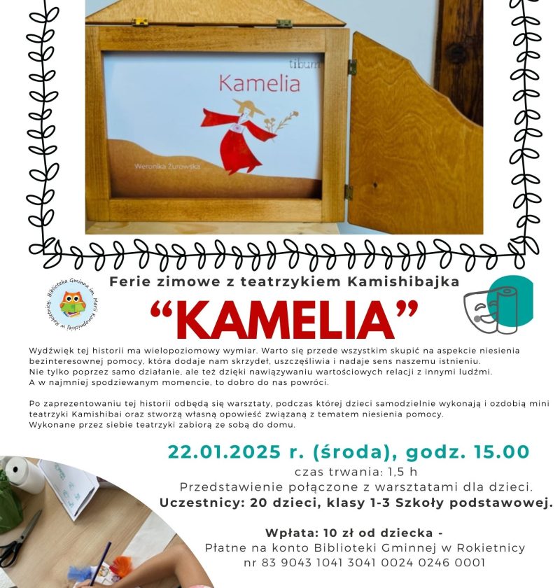 Plakat przedstawia kamishibajkę – tradycyjną japońską formę opowiadania bajek, z ilustracjami, które towarzyszą narracji. Na tle plakatów znajduje się szczegółowy opis bajki, którą będzie można posłuchać, wraz z informacjami o godzinie i dacie spotkania. Zawiera także dane dotyczące miejsca wydarzenia, zapraszając do wspólnego przeżywania magicznego wieczoru pełnego opowieści. Kamishibajka to doskonała okazja na spędzenie czasu z dziećmi, odkrywanie świata wyobraźni i rozwijanie pasji do słuchania.