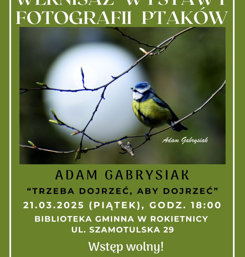 Plakat promujący wernisaż wystawy fotografii ptaków w bibliotece, zawierający szczegóły dotyczące daty, godziny i miejsca wydarzenia oraz ilustrację związaną z tematyką wystawy
