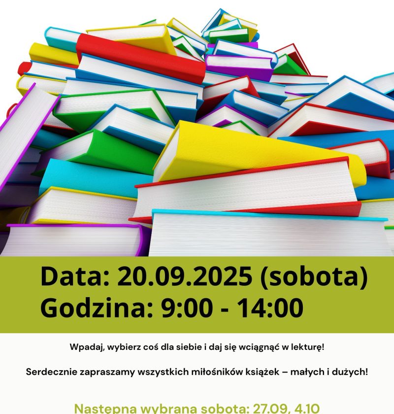 Plakat informacyjny o wydarzeniu "Biblioteka Otwarta". Na tle kolorowego stosu książek umieszczony jest tekst: Data: 20.09.2025 (sobota) Godzina: 9:00 – 14:00 Zachęta: "Wpadaj, wybierz coś dla siebie i daj się wciągnąć w lekturę! Serdecznie zapraszamy wszystkich miłośników książek – małych i dużych!" Na dole informacje o kolejnych otwartych sobotach: 27.09, 4.10, dane kontaktowe Biblioteki Gminnej im. Marii Konopnickiej w Rokietnicy oraz loga Facebooka i Sowa Mobi.
